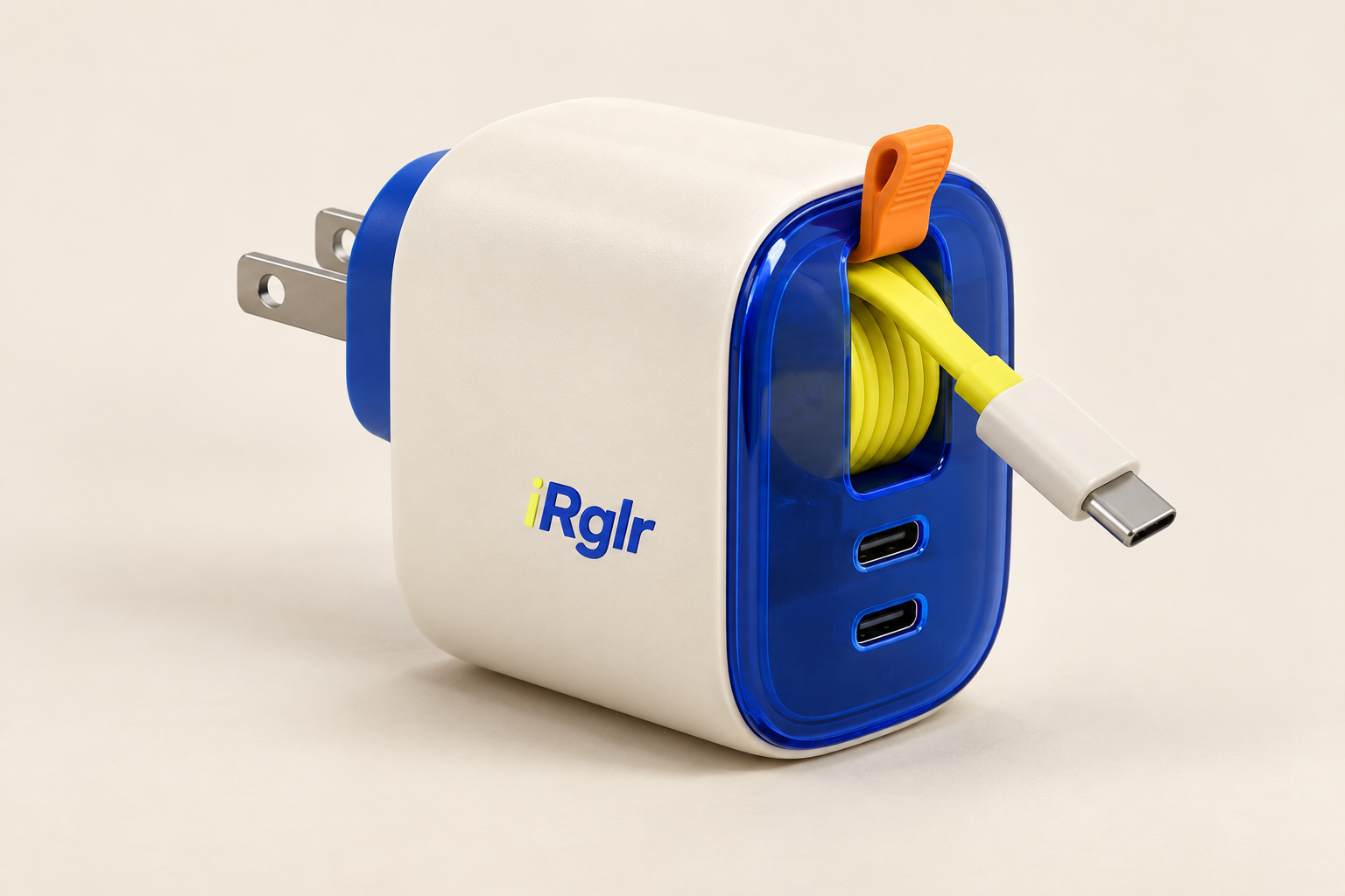 Cream and translucent blue iRGLR wall charger concept with a yellow retractable cable