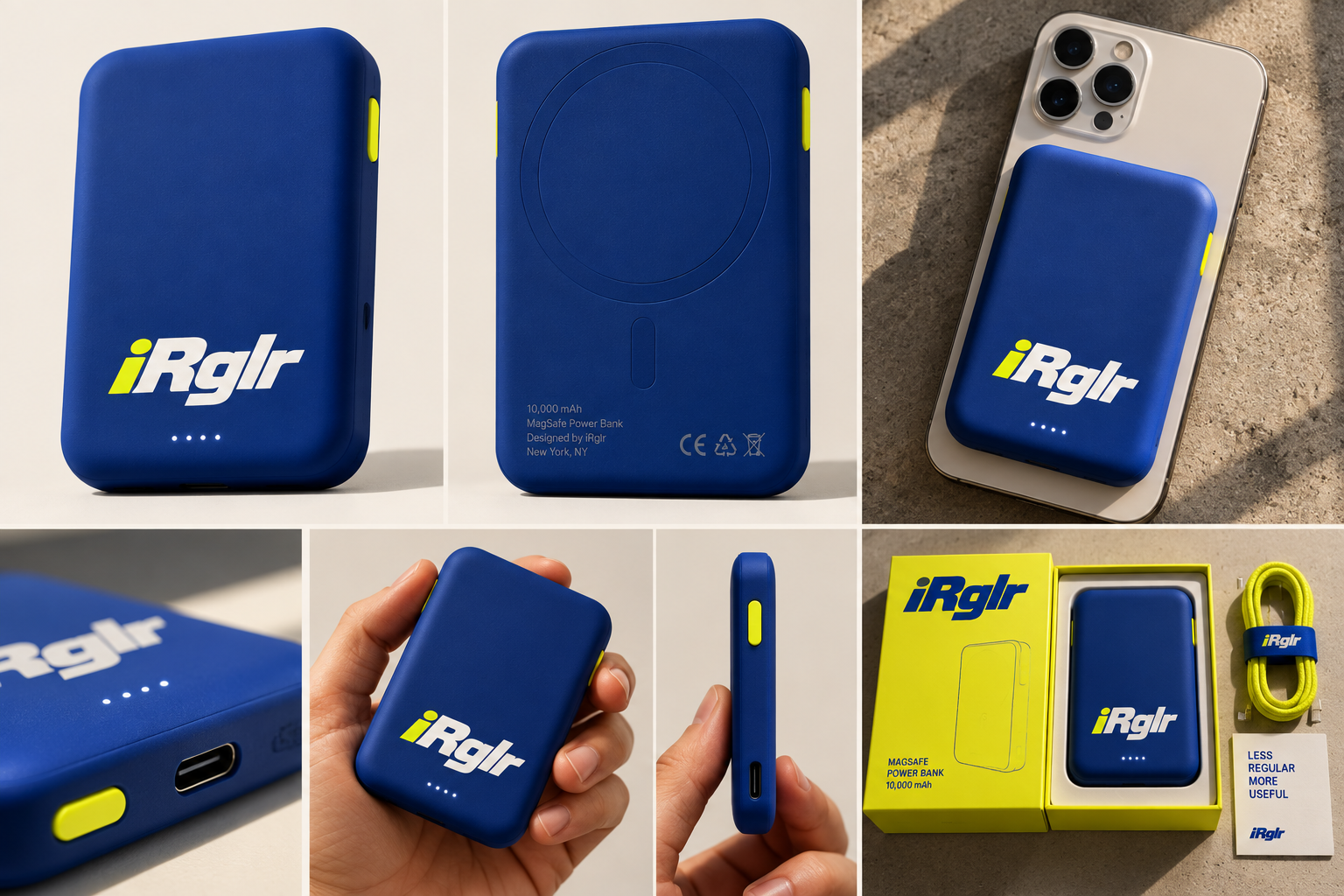 iRGLR magnetic power bank concept study showing front, back, in-use, detail, scale, side profile and packaging views
