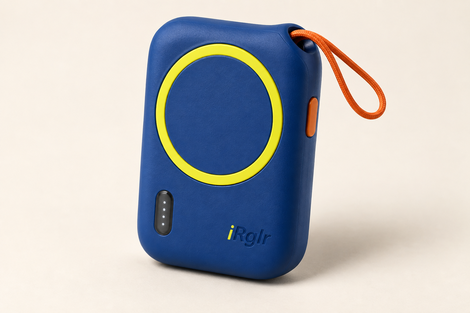 Blue matte iRGLR magnetic power bank concept with a yellow charging ring and orange cord