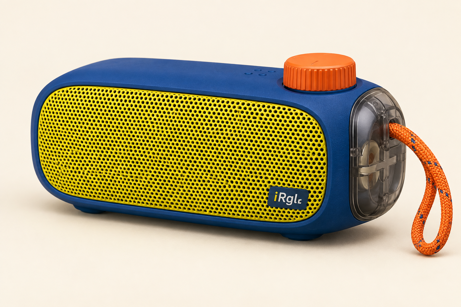 Blue and yellow iRGLR portable speaker concept with an orange dial